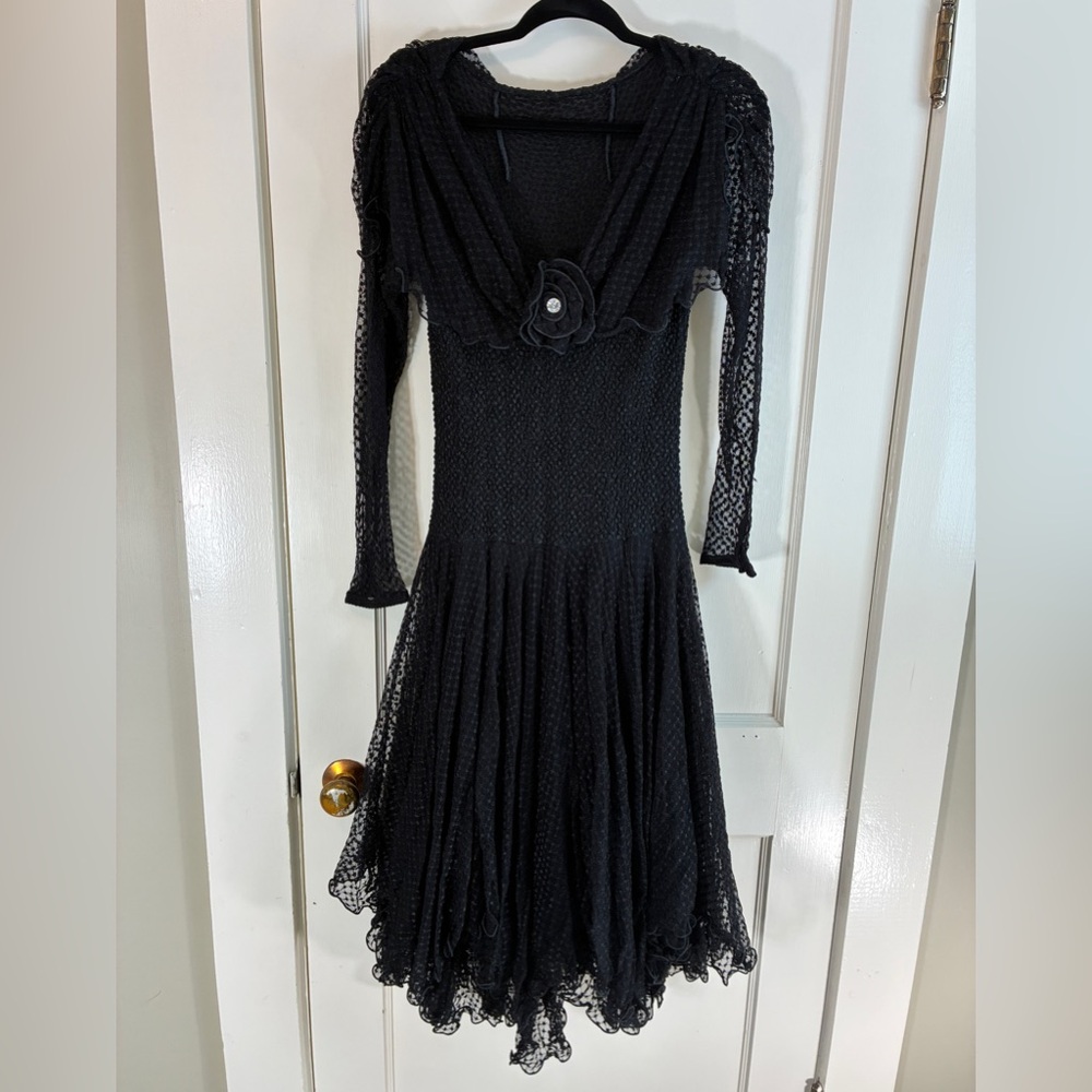 Vintage 80s/90s Sara Mique Black Stretch Swiss Dot Mesh Dress Witchy Whimsigoth - Picture 3 of 17